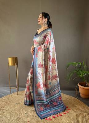 Women Navy Blue Kalamkari  Silk Saree With Printed  Work Rich Pallu Saree With Blouse For Women 3