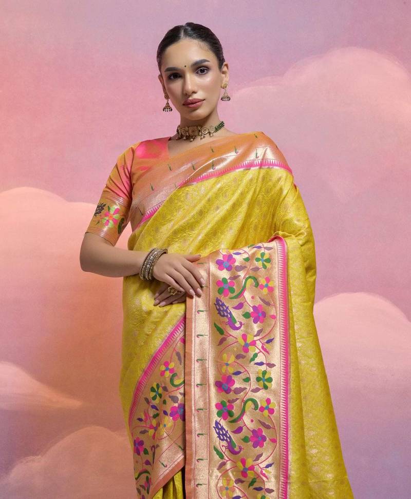 yellow soft banarasi paithani silk saree with beautiful combination of kanjivaram saree