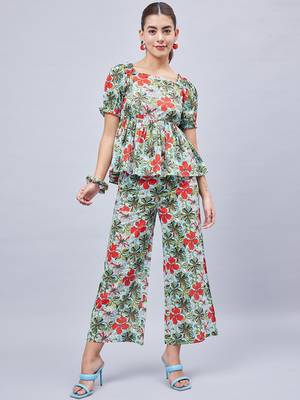 Winered woman sky blue printed back tie-up  co-ord set 1