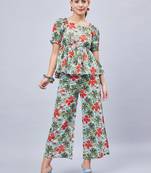 Winered woman sky blue printed back tie-up  co-ord set