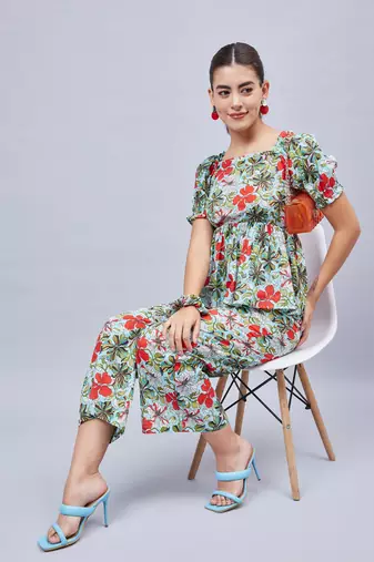 Winered woman sky blue printed back tie-up  co-ord set