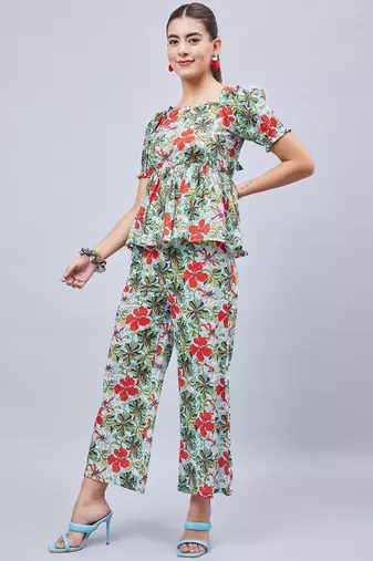 Winered woman sky blue printed back tie-up  co-ord set