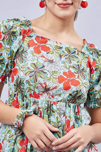 Winered woman sky blue printed back tie-up  co-ord set