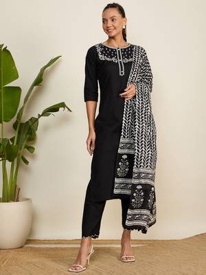 Winered woman black with black embroidery kurta set with cotton dupatta 1