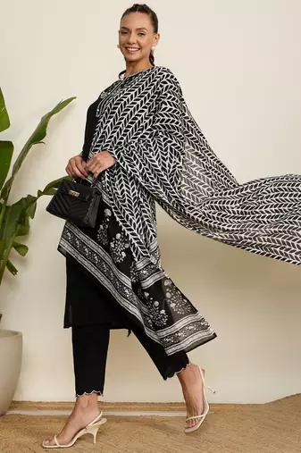 Winered woman black with black embroidery kurta set with cotton dupatta