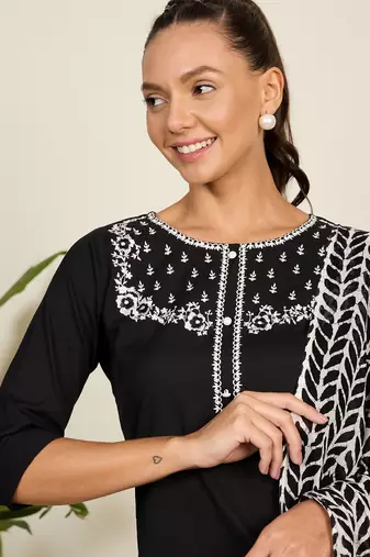 Winered woman black with black embroidery kurta set with cotton dupatta