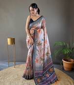 Women Violet  Kalamkari  Silk Saree With Printed  Work Rich Pallu Saree With Blouse For Women