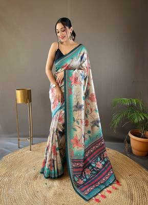 Women Teal Kalamkari  Silk Saree With Printed  Work Rich Pallu Saree With Blouse For Women 1