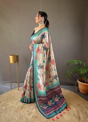 Women Teal Kalamkari  Silk Saree With Printed  Work Rich Pallu Saree With Blouse For Women 2