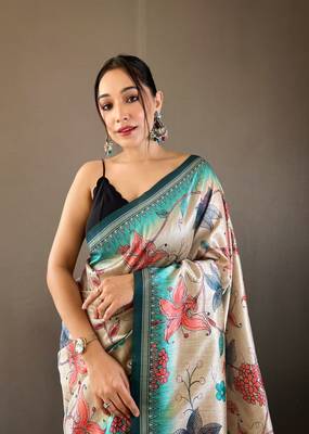 Women Teal Kalamkari  Silk Saree With Printed  Work Rich Pallu Saree With Blouse For Women 3