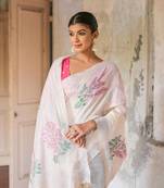 white & light pink color premium soft muga cotton saree with floral weaving saree