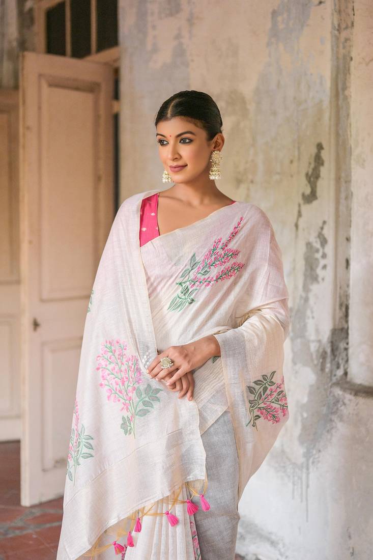 white & light pink color premium soft muga cotton saree with floral weaving saree