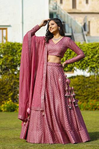 Mesmerizing Metallic Pink Colored 9Mm Sequins With Thread Embroidered Faux Georgette Fabric Lehenga Choli For Wedding
