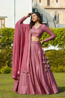 Mesmerizing Metallic Pink Colored 9Mm Sequins With Thread Embroidered Faux Georgette Fabric Lehenga Choli For Wedding 1