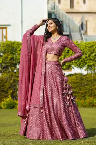 Mesmerizing Metallic Pink Colored 9Mm Sequins With Thread Embroidered Faux Georgette Fabric Lehenga Choli For Wedding