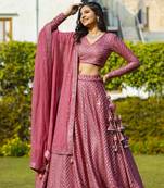 Mesmerizing Metallic Pink Colored 9Mm Sequins With Thread Embroidered Faux Georgette Fabric Lehenga Choli For Wedding