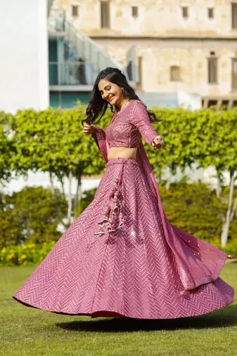 Mesmerizing Metallic Pink Colored 9Mm Sequins With Thread Embroidered Faux Georgette Fabric Lehenga Choli For Wedding