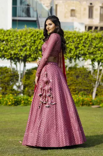 Mesmerizing Metallic Pink Colored 9Mm Sequins With Thread Embroidered Faux Georgette Fabric Lehenga Choli For Wedding