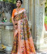 orange & green two tone soft banarasi paithani saree with zari weaving pattern