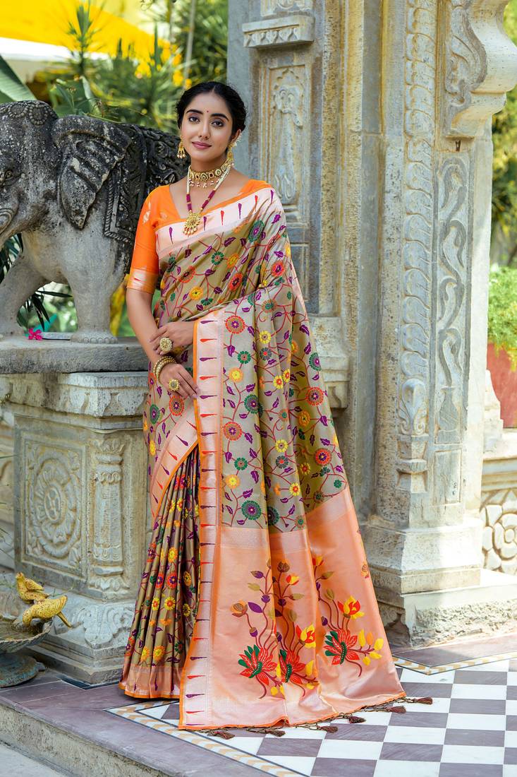 orange & green two tone soft banarasi paithani saree with zari weaving pattern