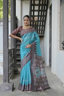 Firozi Tussar silk blend Printed Saree Festive Wear 1