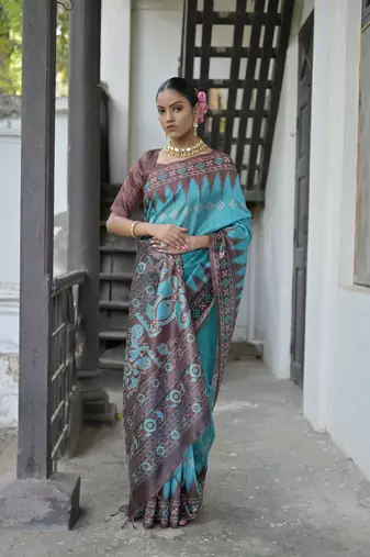 Firozi Tussar silk blend Printed Saree Festive Wear