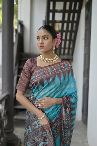 Firozi Tussar silk blend Printed Saree Festive Wear