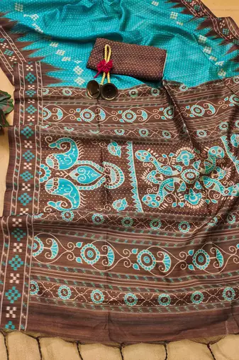 Firozi Tussar silk blend Printed Saree Festive Wear