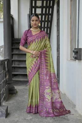 Mahendi Tussar silk blend Printed Saree Festive Wear 1
