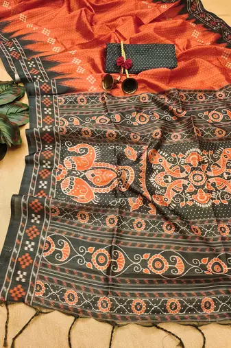 Red Tussar silk blend Printed Saree Festive Wear