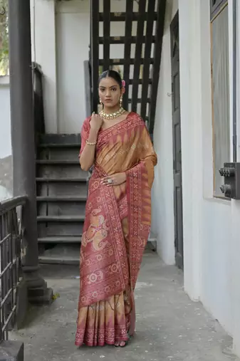 Yellow Tussar silk blend Printed Saree Festive Wear