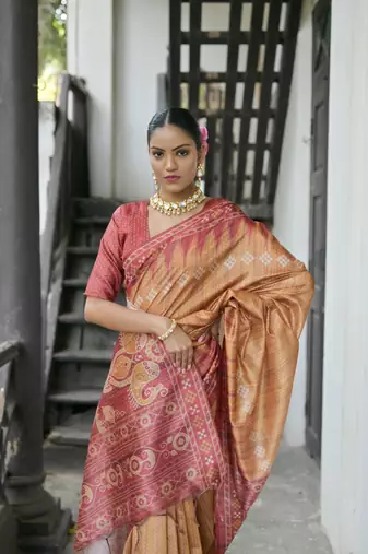 Yellow Tussar silk blend Printed Saree Festive Wear