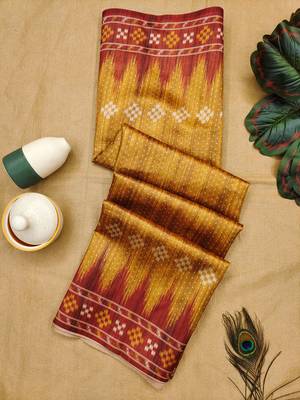 Yellow Tussar silk blend Printed Saree Festive Wear 4