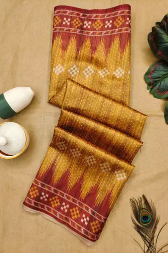 Yellow Tussar silk blend Printed Saree Festive Wear