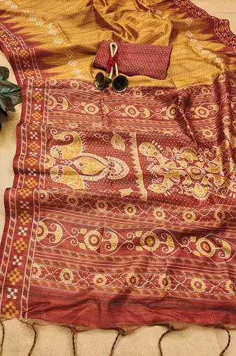 Yellow Tussar silk blend Printed Saree Festive Wear