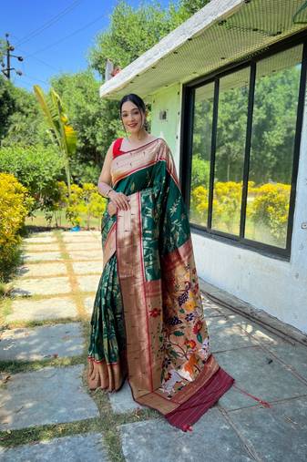 Green Paithani style contrust border & Pallu Silk Bland saree with Blouse