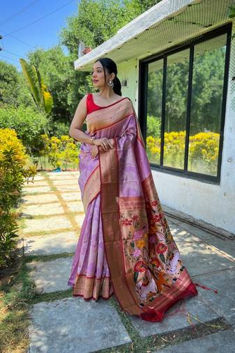Lavender Paithani style contrust border & Pallu Silk Bland saree with Blouse