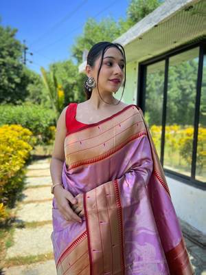Lavender Paithani style contrust border & Pallu Silk Bland saree with Blouse 2