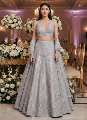 Steel Grey Colored Sequins, Zari, and Thread Zari Embroidered with Paper Mirror Banglori silk Designer Indian Lehenga 1