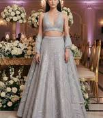 Steel Grey Colored Sequins, Zari, and Thread Zari Embroidered with Paper Mirror Banglori silk Designer Indian Lehenga
