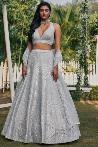 Steel Grey Colored Sequins, Zari, and Thread Zari Embroidered with Paper Mirror Banglori silk Designer Indian Lehenga