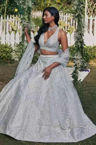 Steel Grey Colored Sequins, Zari, and Thread Zari Embroidered with Paper Mirror Banglori silk Designer Indian Lehenga