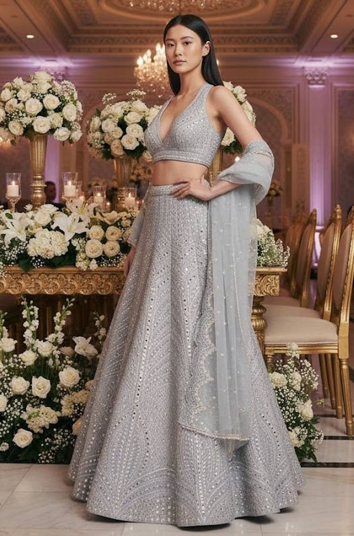 Steel Grey Colored Sequins, Zari, and Thread Zari Embroidered with Paper Mirror Banglori silk Designer Indian Lehenga