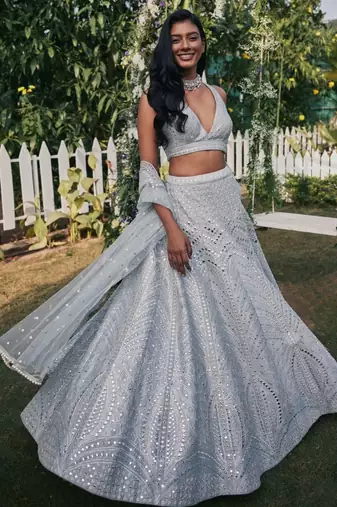 Steel Grey Colored Sequins, Zari, and Thread Zari Embroidered with Paper Mirror Banglori silk Designer Indian Lehenga
