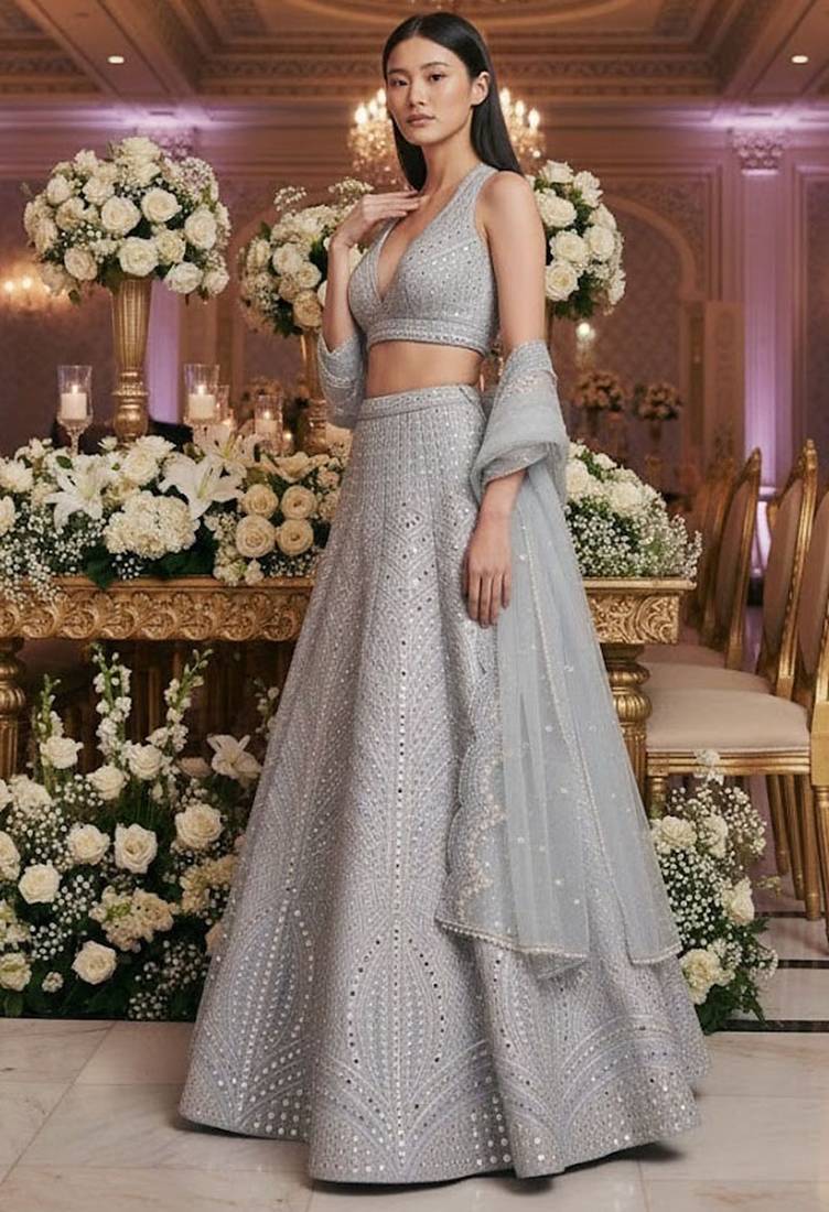 Steel Grey Colored Sequins, Zari, and Thread Zari Embroidered with Paper Mirror Banglori silk Designer Indian Lehenga