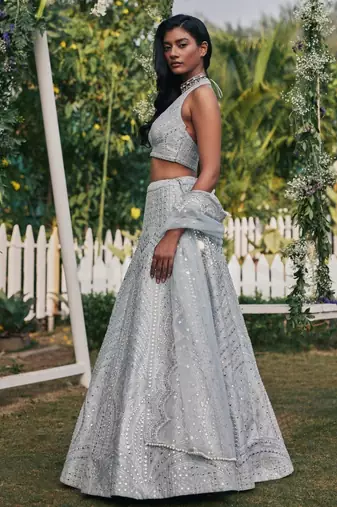 Steel Grey Colored Sequins, Zari, and Thread Zari Embroidered with Paper Mirror Banglori silk Designer Indian Lehenga