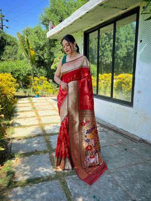 Red Paithani style contrust border & Pallu Silk Bland saree with Blouse 1