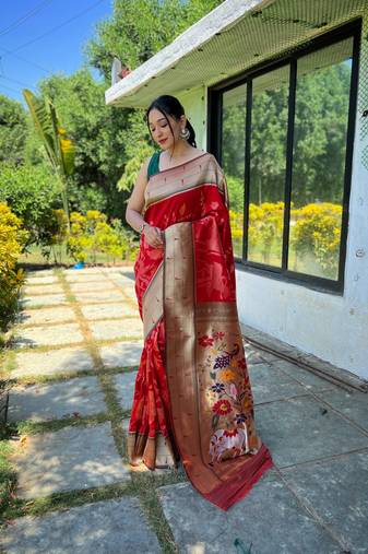 Red Paithani style contrust border & Pallu Silk Bland saree with Blouse
