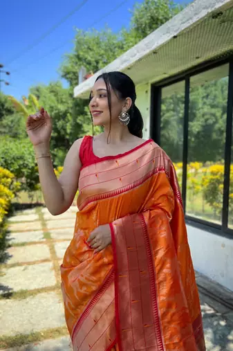 Yellow Paithani style contrust border & Pallu Silk Bland saree with Blouse