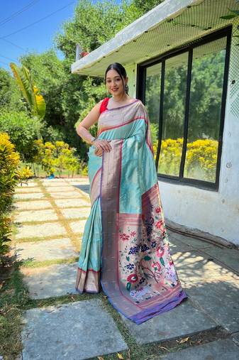 Sky Blue Paithani style contrust border & Pallu Silk Bland saree with Blouse